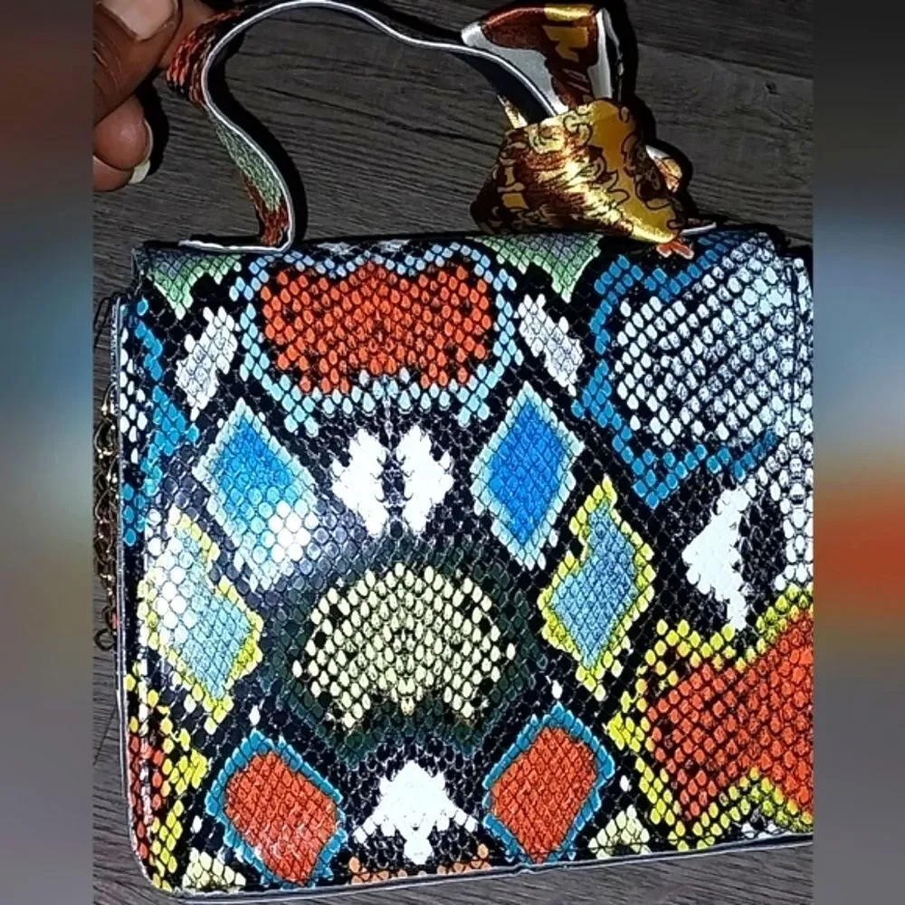Women's Mini Snakeskin Embossed Handbag, Twilly Scarf Decor Flap Square Purse